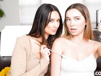 Eliza Ibarra And Blair Hudson Licking And Tribbing On Leather Couch
