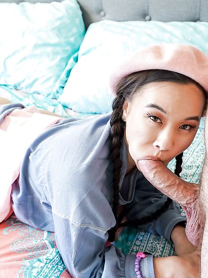 Petite Asian Gal Kimmy Kimm Pleasures Her Bearded Neighbor In Bed