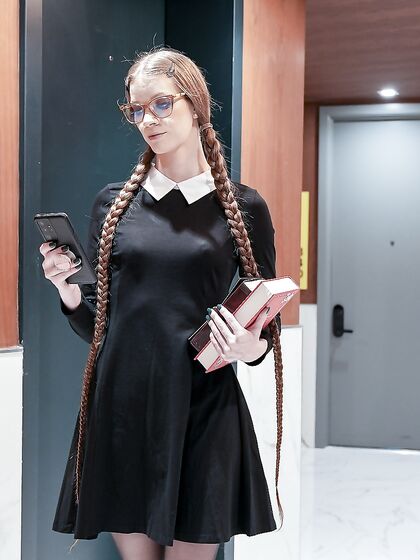 Long-haired Bookworm With Glasses Gets Fucked Through The Hole In Her Pantyhose photos (Erin Everheart)