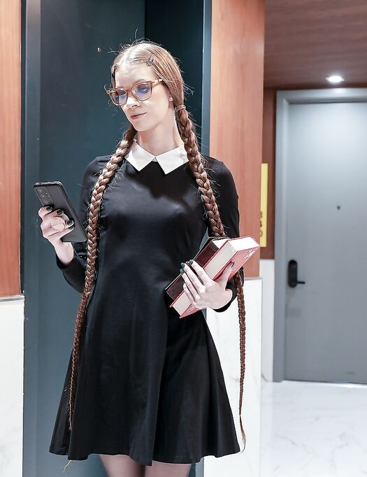 Long-haired Bookworm With Glasses Gets Fucked Through The Hole In Her Pantyhose photos (Erin Everheart)